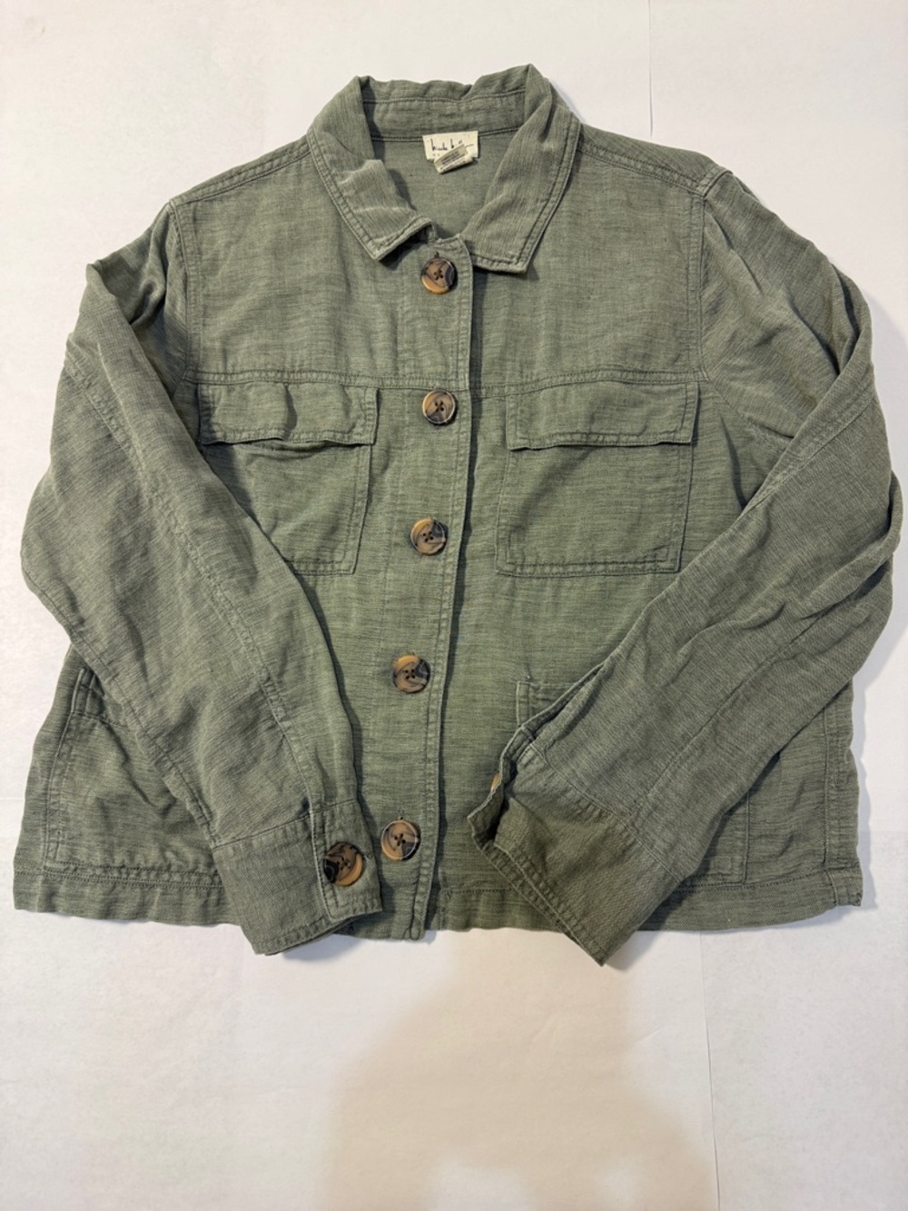Nicole Miller Olive Green Utility Jacket Women’s Size L 53% Linen 47% Lyocell